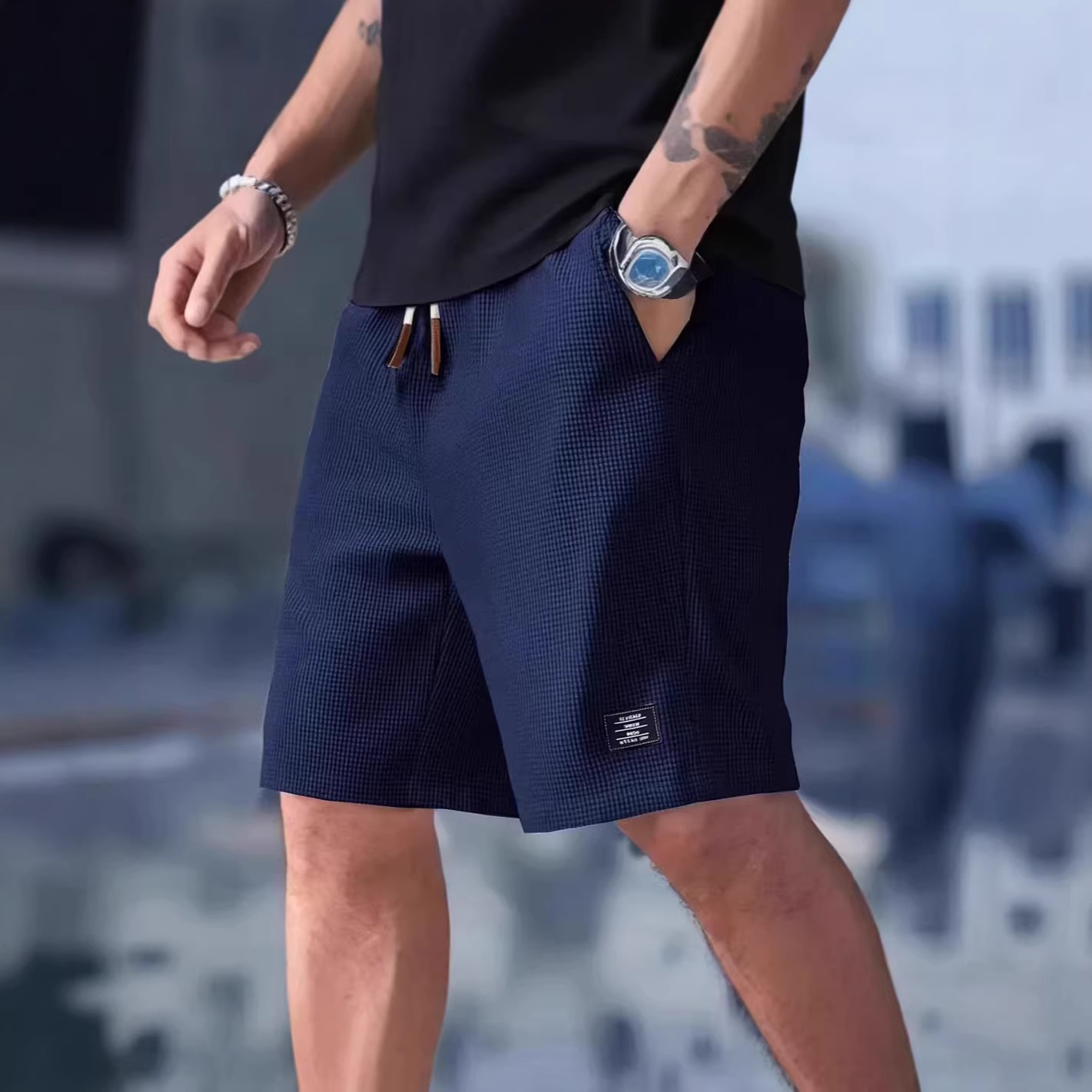 Summer Clothing Deals - Мужские короткие шорты черные вафельные оверсайз